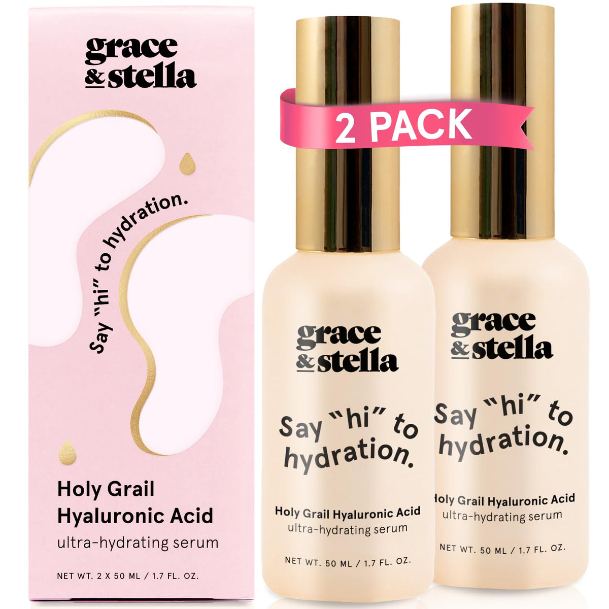grace & stella Award Winning Hyaluronic Acid Serum (50ml/1.7 fl oz) Hydrating Hyaluronic Acid Serum for Face - Acido Hialuronico for Women - Remove Fine Lines, Wrinkles, Anti Aging - Vegan Skincare