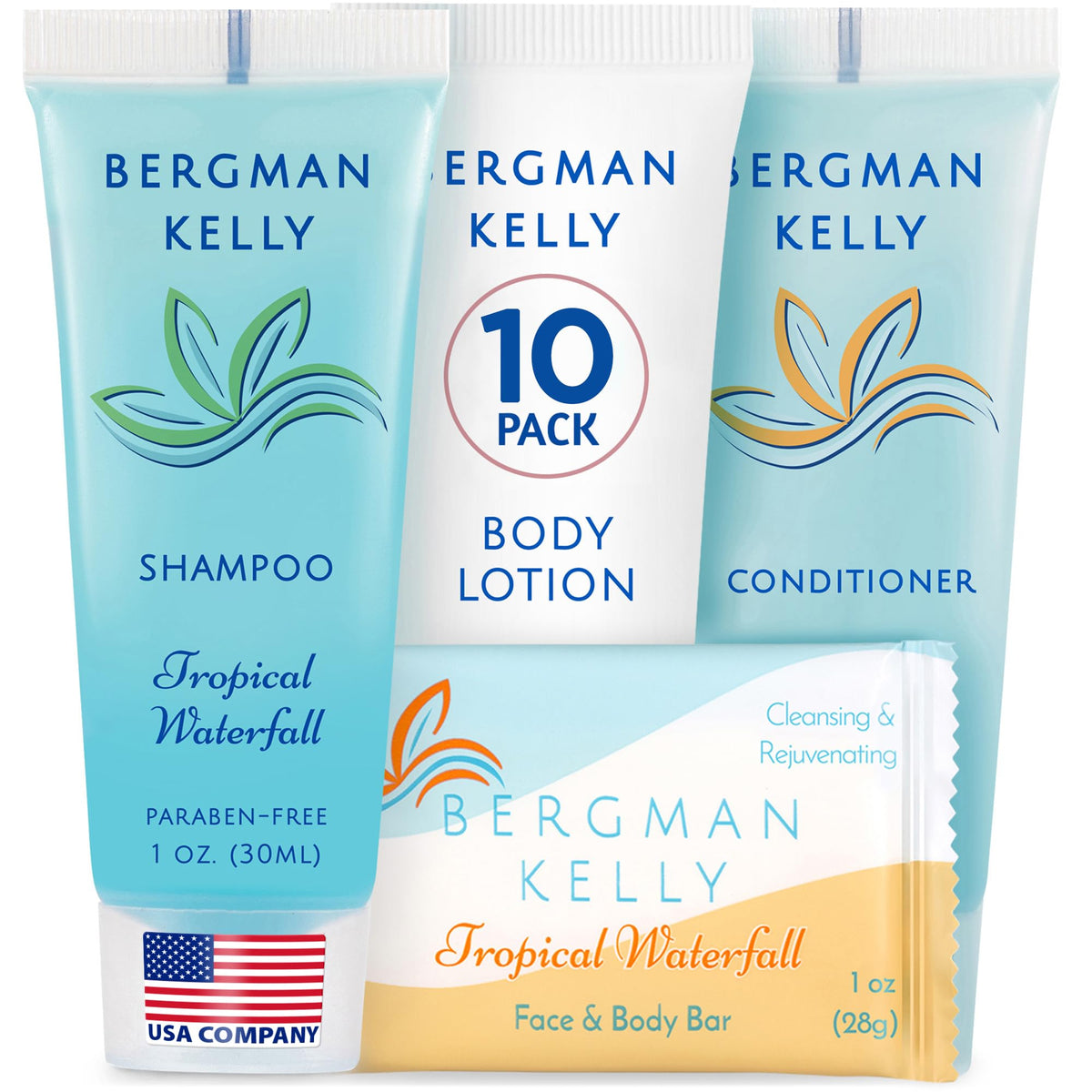 Bergman Kelly - Hotel Toiletries Bundle - Tropical Waterfall, 1 oz each, 200 Pieces - 4-Piece Set: 50 Rectangular Bar Soap, 50 Shampoo, 50 Conditioner & 50 Body Lotion - Bulk Mini Guest Amenities