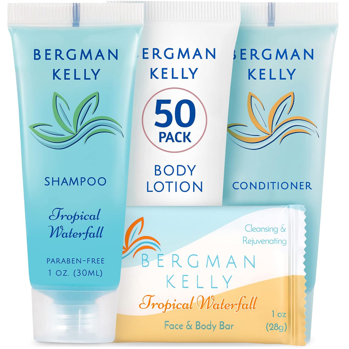 Bergman Kelly - Hotel Toiletries Bundle - Tropical Waterfall, 1 oz each, 200 Pieces - 4-Piece Set: 50 Rectangular Bar Soap, 50 Shampoo, 50 Conditioner & 50 Body Lotion - Bulk Mini Guest Amenities