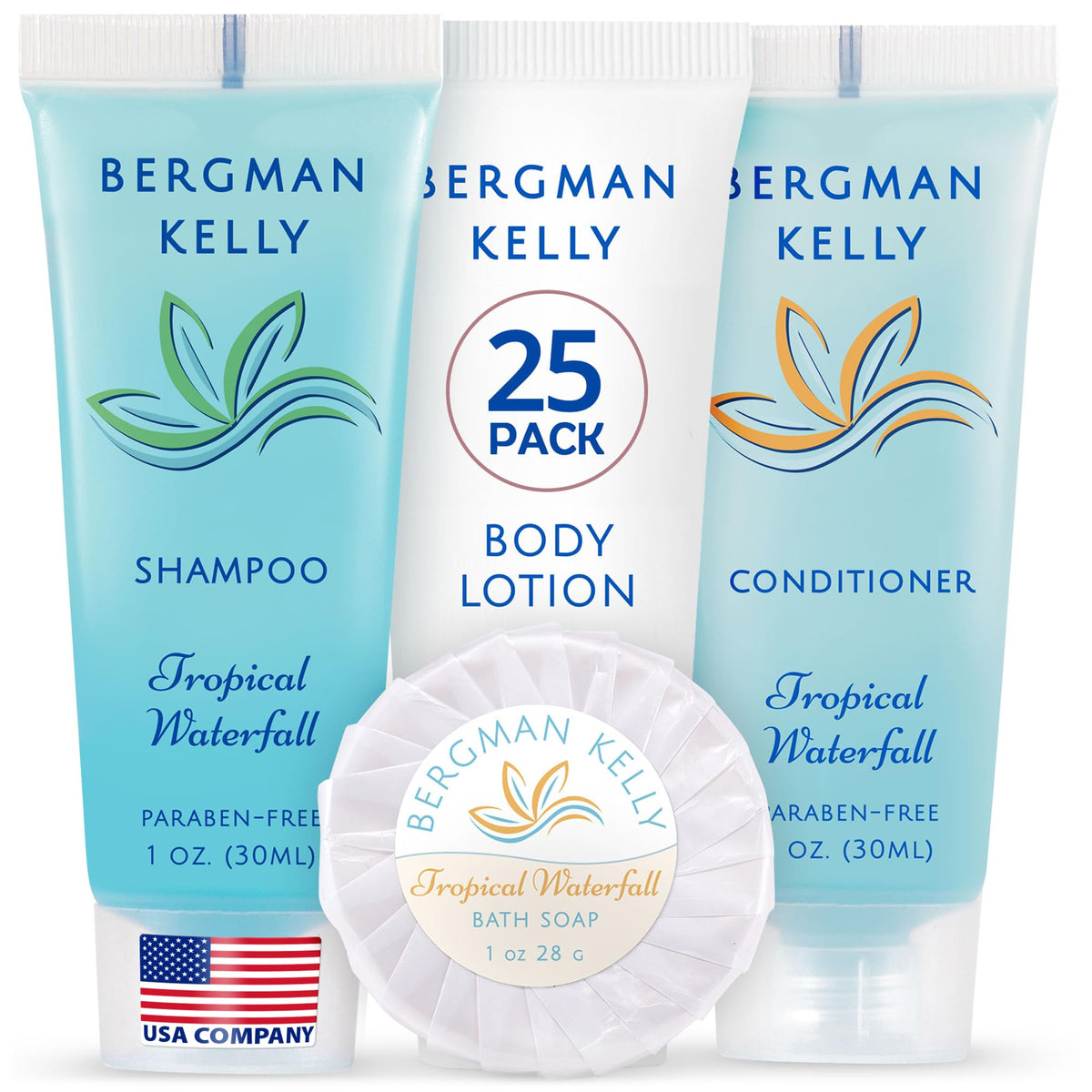 Bergman Kelly - Hotel Toiletries Bundle - Tropical Waterfall, 1 oz each, 200 Pieces - 4-Piece Set: 50 Rectangular Bar Soap, 50 Shampoo, 50 Conditioner & 50 Body Lotion - Bulk Mini Guest Amenities