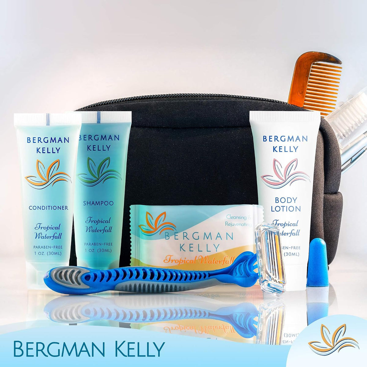 Bergman Kelly - Hotel Toiletries Bundle - Tropical Waterfall, 1 oz each, 200 Pieces - 4-Piece Set: 50 Rectangular Bar Soap, 50 Shampoo, 50 Conditioner & 50 Body Lotion - Bulk Mini Guest Amenities