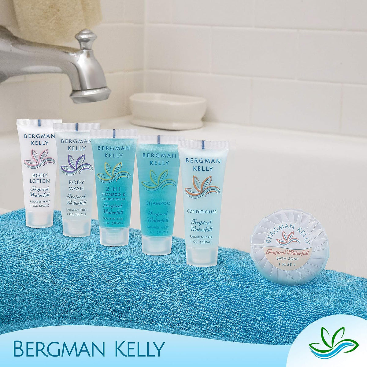 Bergman Kelly - Hotel Toiletries Bundle - Tropical Waterfall, 1 oz each, 200 Pieces - 4-Piece Set: 50 Rectangular Bar Soap, 50 Shampoo, 50 Conditioner & 50 Body Lotion - Bulk Mini Guest Amenities
